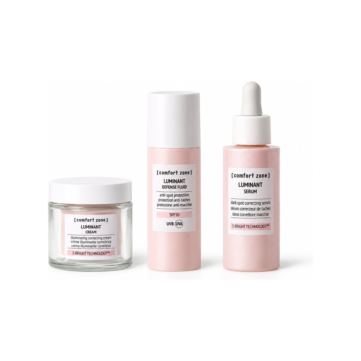 Luminant Dark Spot Correction & Glow Set — Comfort Zone 3-step routine: serum, cream, SPF50 fluid